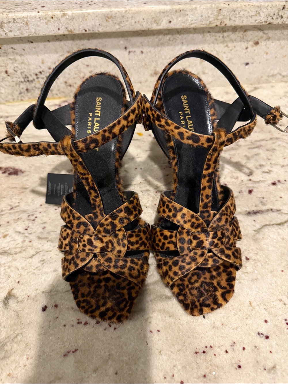 Saint Laurent Leopard Print T-Strap Heels - Black & Brown - Picture 2 of 6